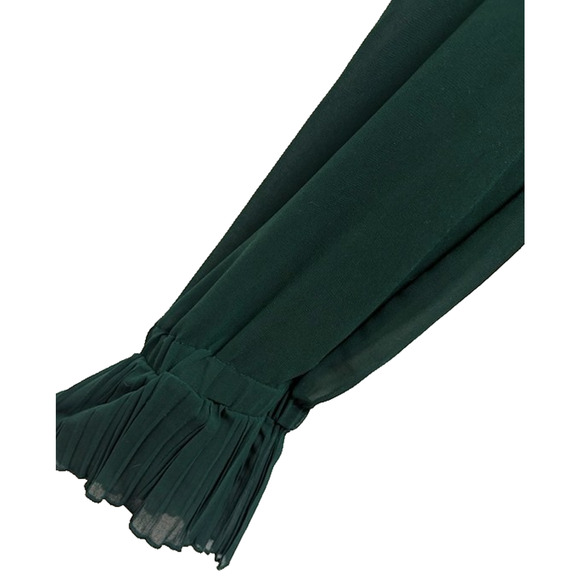 Zara Green Pleated Chiffon Midi Dress Large Smocked Waist V Neck - Picture 4 of 5